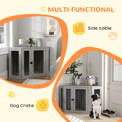 PawHut 2 in 1 Dog Crate Furniture Side Table, with Cushion, 122 x 61 x 71cm - Grey