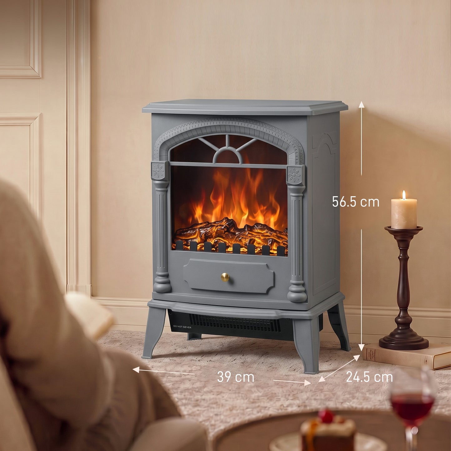HOMCOM Freestanding Portable Fireplace, Electric Fireplace Stove Heater with 3D Flame Effect and Adjustable Thermostat, Grey