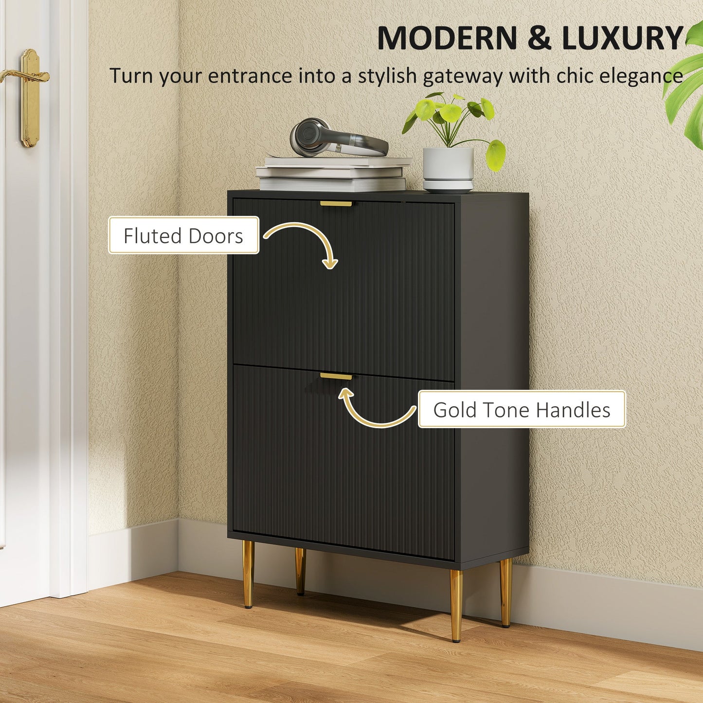 HOMCOM Elegant Two-Drawer Shoe Cabinet - Black