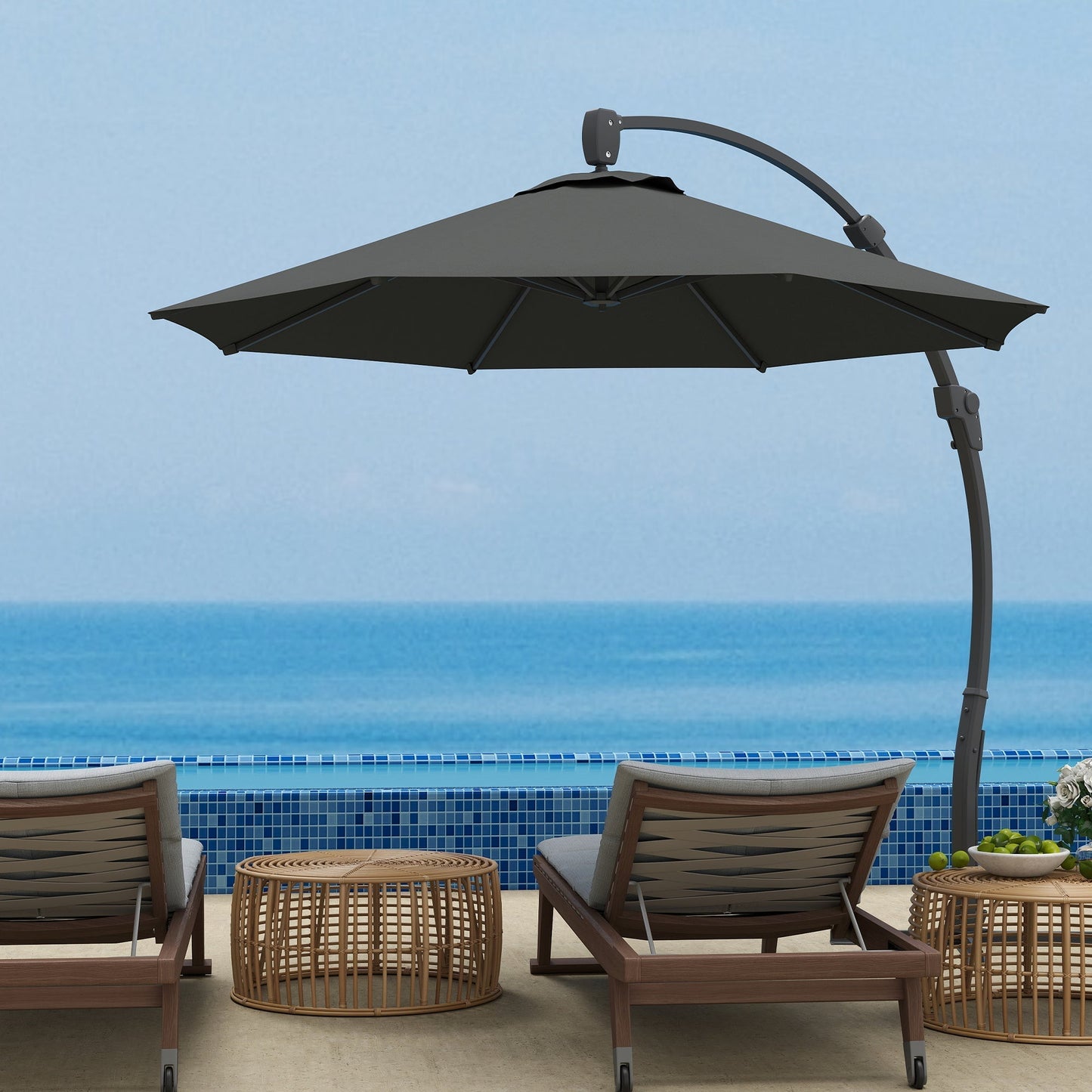 Outsunny 3(m) Garden Cantilever Parasol, Round Overhanging Umbrella with Crank Handle, Cross Base, Aluminium Frame and 360 Rotation, Banana Patio Umbrella for Outdoor Sun Shade, Grey