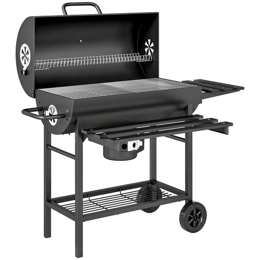 Grill węglowy Outsunny z składaną przednią półką boczną, przenośny grill wędzarniczy z rusztem do podgrzewania, dolna półka, pokrywa, wskaźnik temperatury, kółka do gotowania na świeżym powietrzu, przyjęcie ogrodowe, czarny