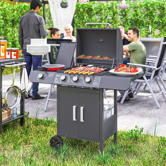Outsunny 3+1 palnikowy grill gazowy, wózek do grilla na zewnątrz z kółkami, ruszt do podgrzewania, półki boczne, szafka, termometr do ogrodu, na imprezę, kemping, 110L x 50W x 100Hcm, szary