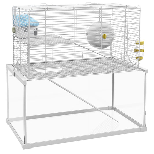 PawHut Gerbil Cage, Dwarf Hamster Cage w/ Deep Glass Bottom, Ramps, Platforms, Hut, Exercise Wheels, Water Bottle - White