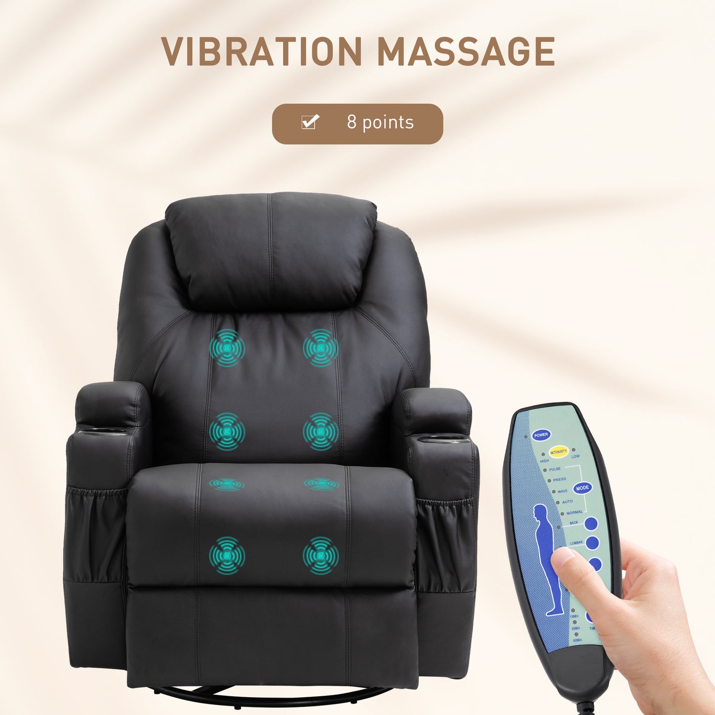 HOMCOM Recliner Chair, Recliner Massage Rocker Chair with 360√Ç¬∞ Rotate, 165√Ç¬∞ Reclining Function, Adjustable Footrest, Swivel Armchair Single Sofa for Living Room with Drink Holders, Side Pockets, Black