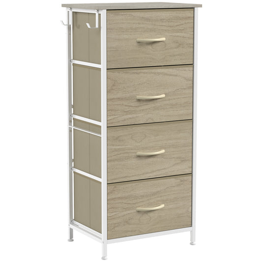 HOMCOM Chest of Drawers, Dresser with 4 Fabric Drawers, Tall Storage Unit with 4 Pockets and 2 Hooks, Steel Frame, Natural Wood