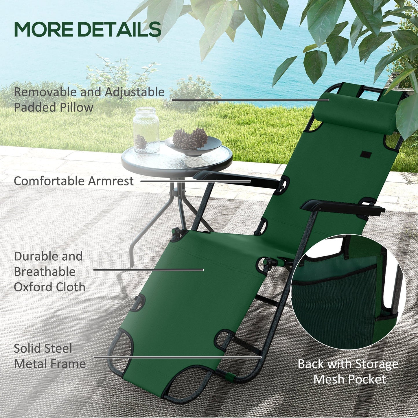 Outsunny 2 Pack 2 in 1 Sun Lounger Folding Reclining Chairs Garden Outdoor Camping Adjustable Back with Pillow, Green