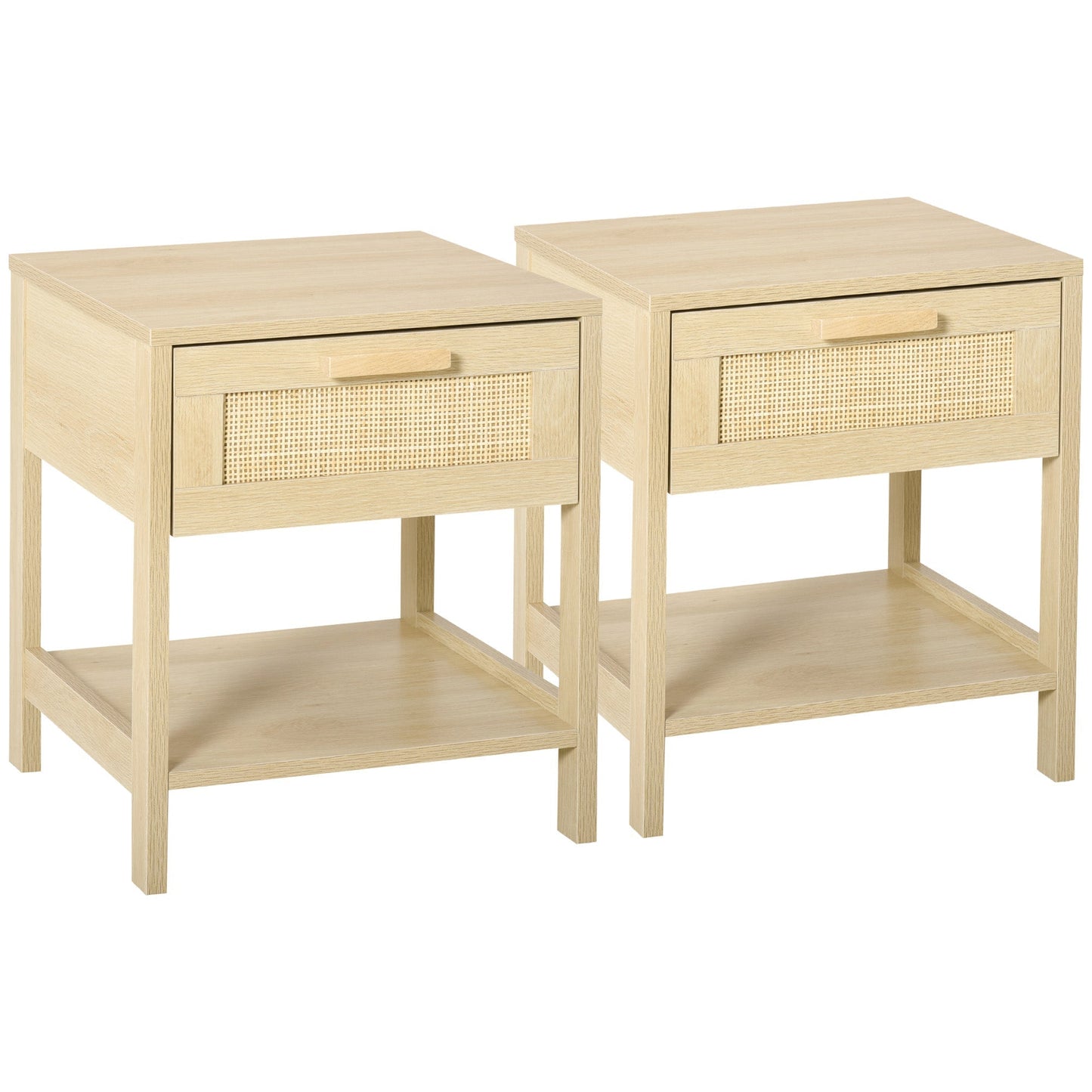 HOMCOM Bedside Table Set of 2 with Rattan Drawer, Rustic Side Tables with Storage Shelf for Bedroom, Living Room, Natural