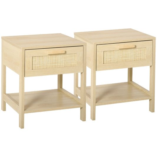 HOMCOM Bedside Table Set of 2 with Rattan Drawer, Rustic Side Tables with Storage Shelf for Bedroom, Living Room, Natural