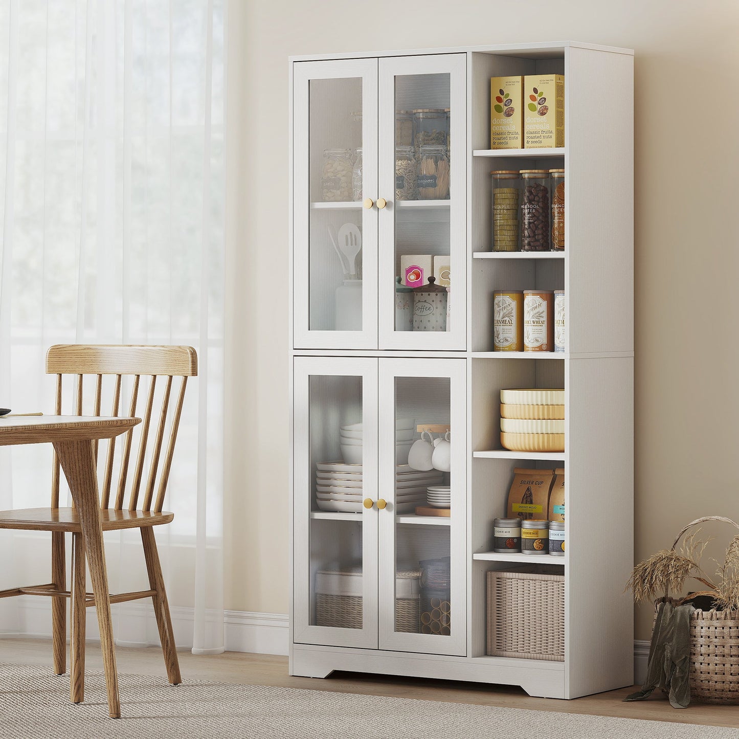 HOMCOM Multi-Storage Kitchen Cabinet, with Glass Doors - White Wood-Effect