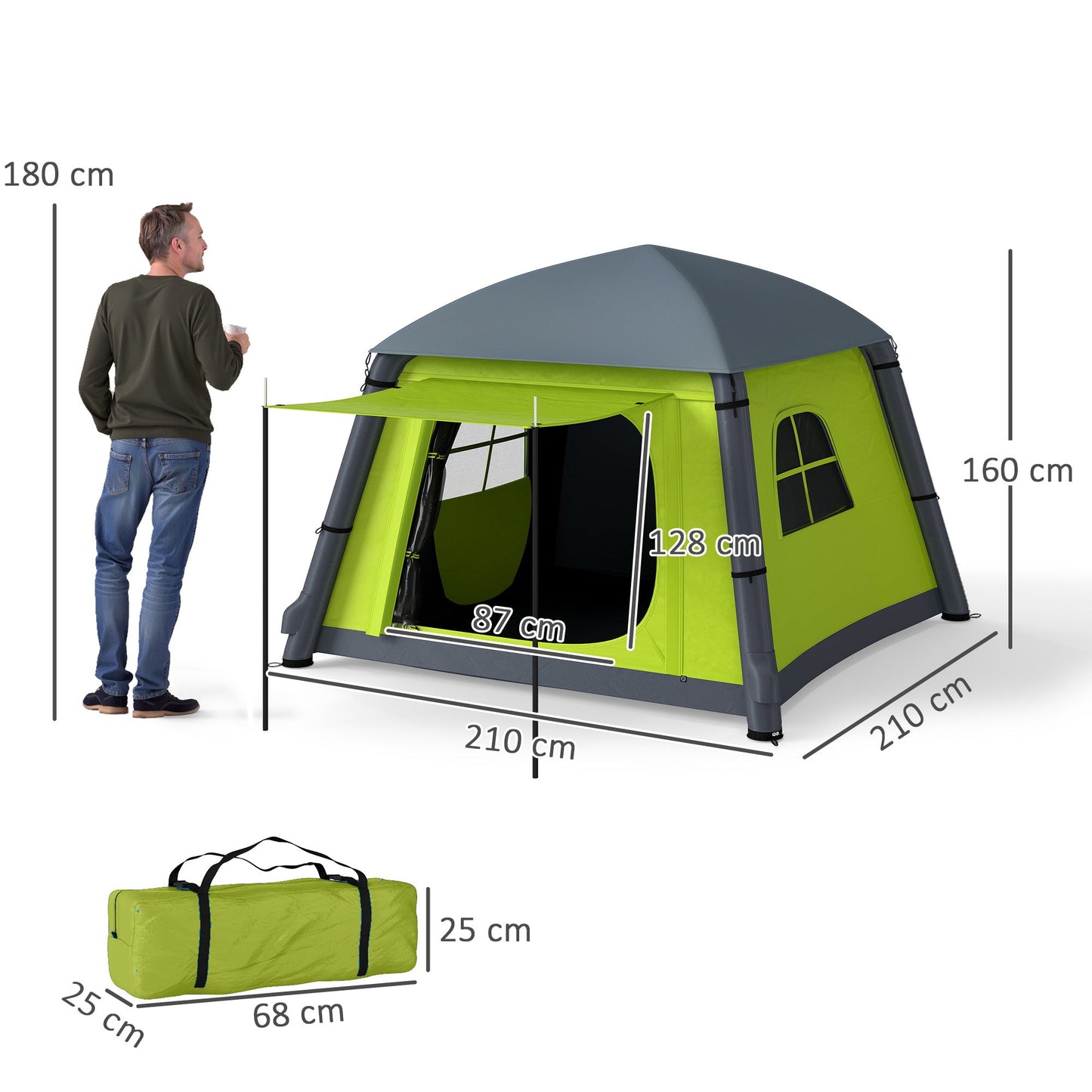 Outsunny Inflatable Camping Tent w/ Hand Pump, Easy Setup 1/2 Person Blow Up Tent Waterproof 190T Taffeta w/ Mesh Windows, Doors and Carry Bag, Green