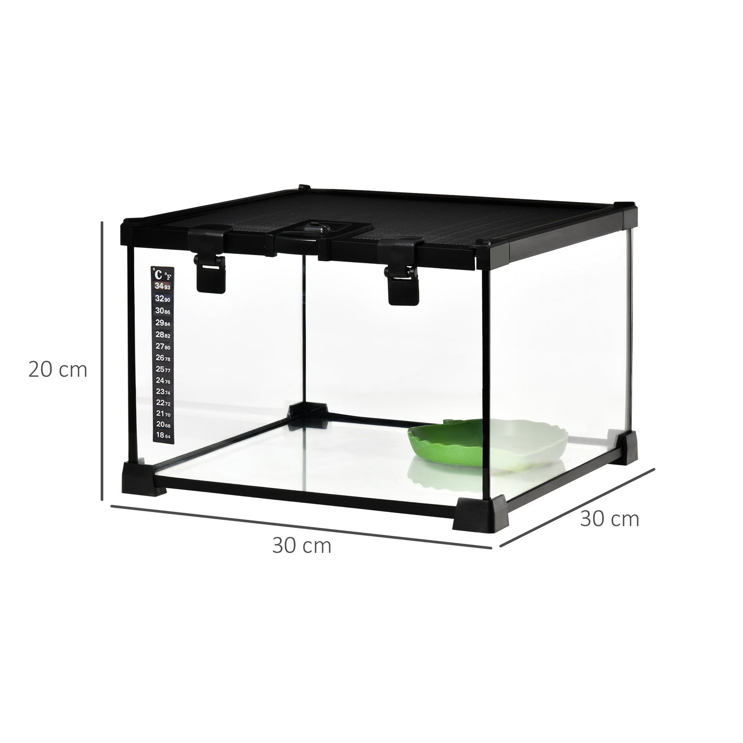 PawHut 30 x 30 x 20 cm Reptile Glass Terrarium, Reptile Breeding Tank, Climbing pet Glass Containers, Arboreal Box, with Strip Patch Thermometer-Black