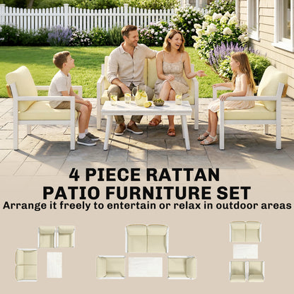 Outsunny 4 Seater Rattan Garden Furniture Set with 2 Armchairs, Loveseat, Coffee Table, Garden Sofa Set with Cushions, Brown