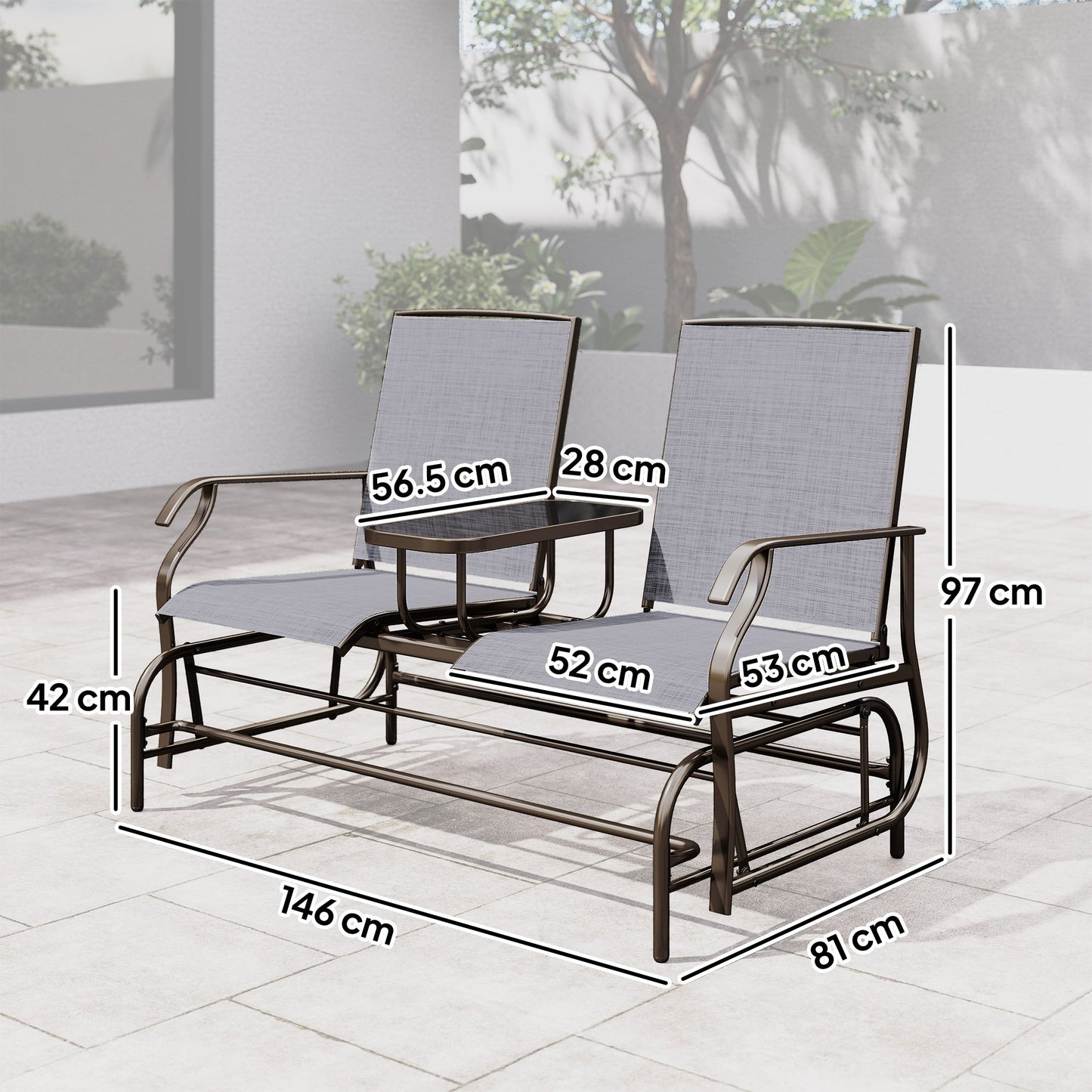 Outsunny 2 Seats Garden Glider Bench, Metal Frame Loveseat with Glass Top Centre Table, Porch Rocking Glider for 2 Person, for Deck, Patio, Brown/ Grey