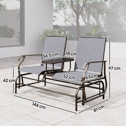 Outsunny 2 Seats Garden Glider Bench, Metal Frame Loveseat with Glass Top Centre Table, Porch Rocking Glider for 2 Person, for Deck, Patio, Brown/ Grey
