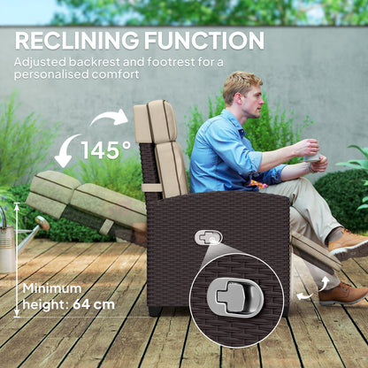 Outsunny 145 Reclining Rattan Armchair, with Footrest - Brown/Khaki