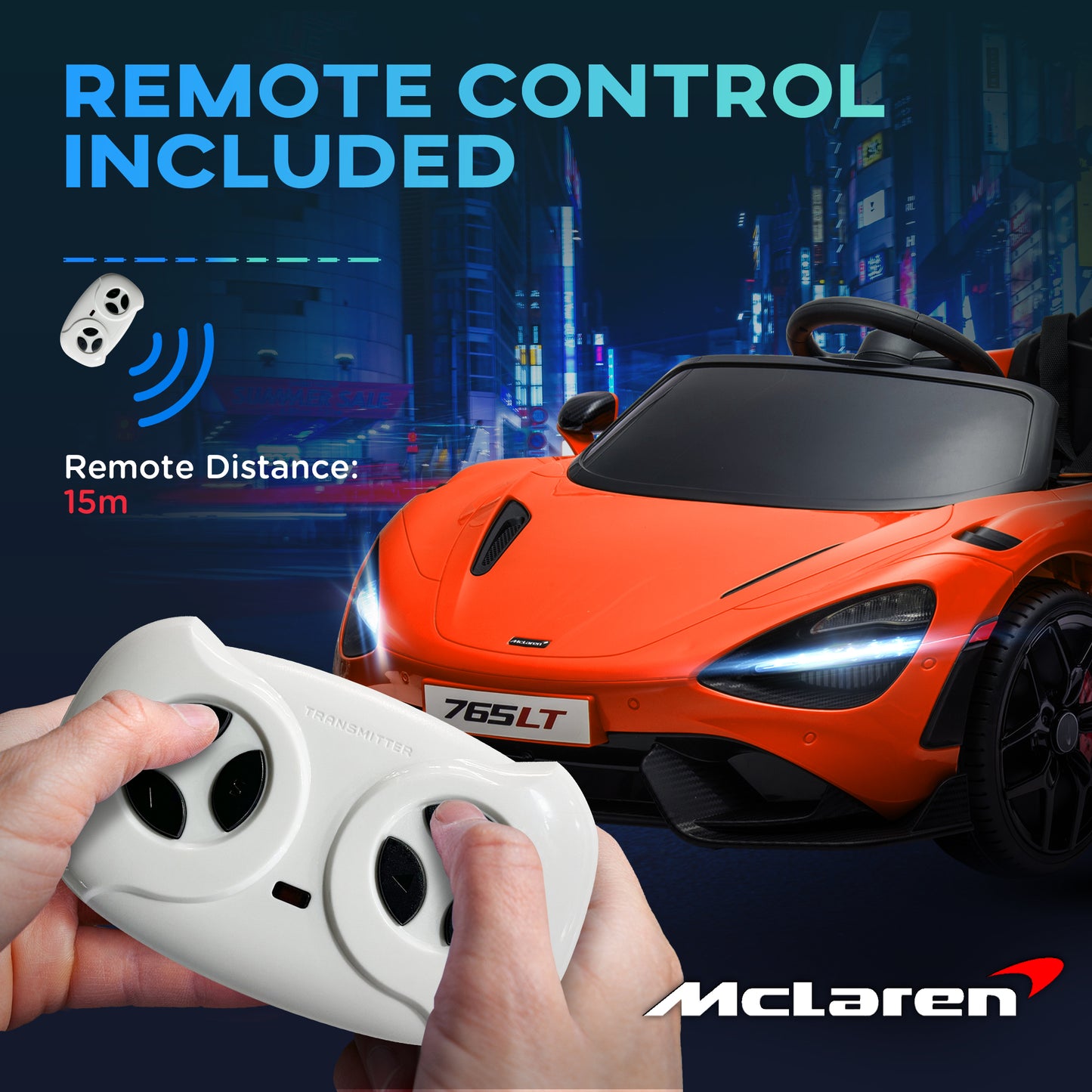 سيارة كهربائية للأطفال مرخصة من AIYAPLAY McLaren 765LT بقوة 12 فولت مع أبواب على شكل فراشة وعجلات نقل تعمل بالتحكم عن بعد باللون البرتقالي