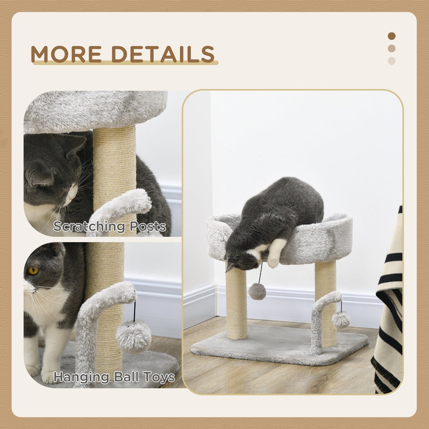 PawHut 42cm Indoor Cat Tree, with Toy Balls, Sisal Scratching Post - Light Grey