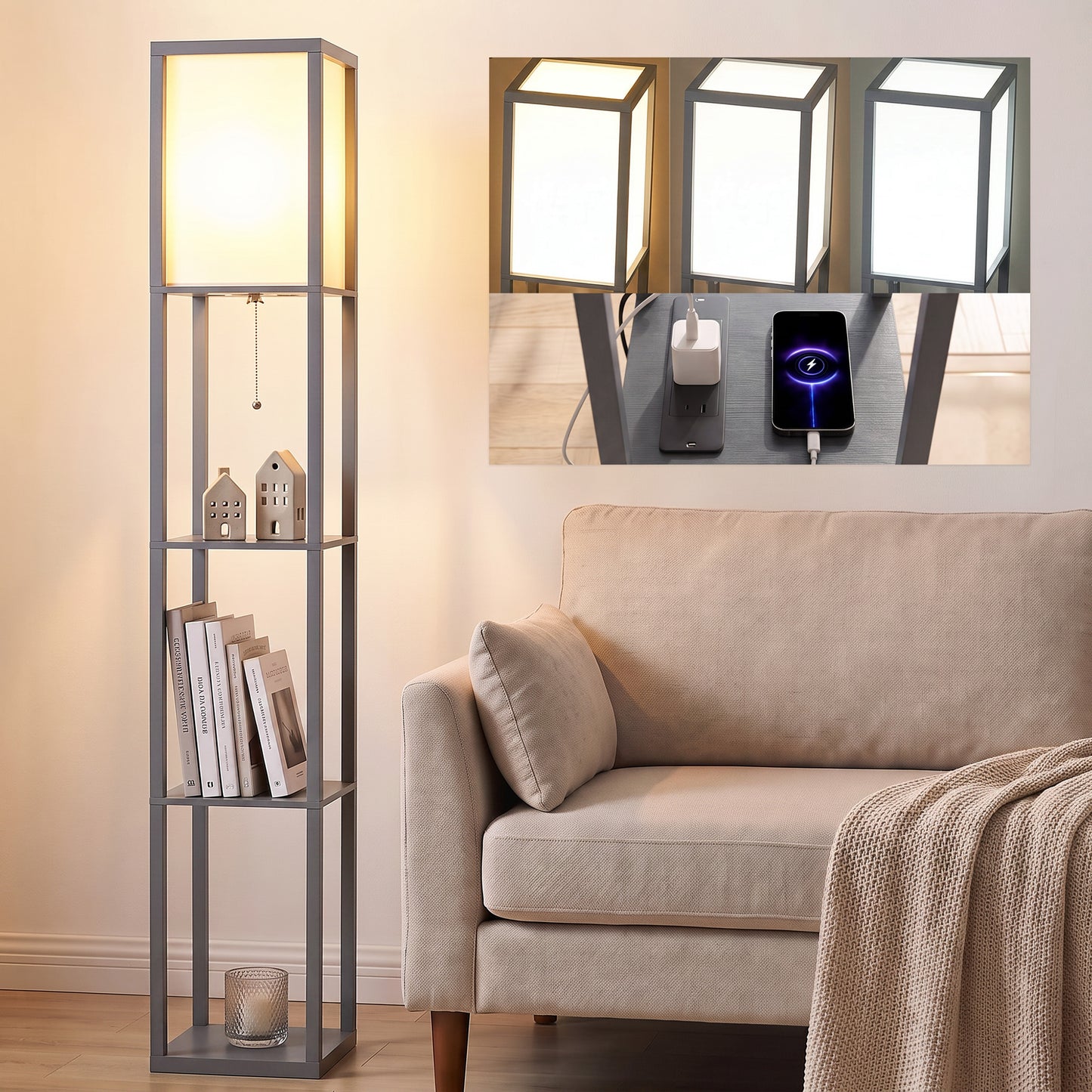 HOMCOM Floor Lamp with Shelves, 3 Layer Column Modern Standing Lamp for Living Room, Bedroom, Office, Grey