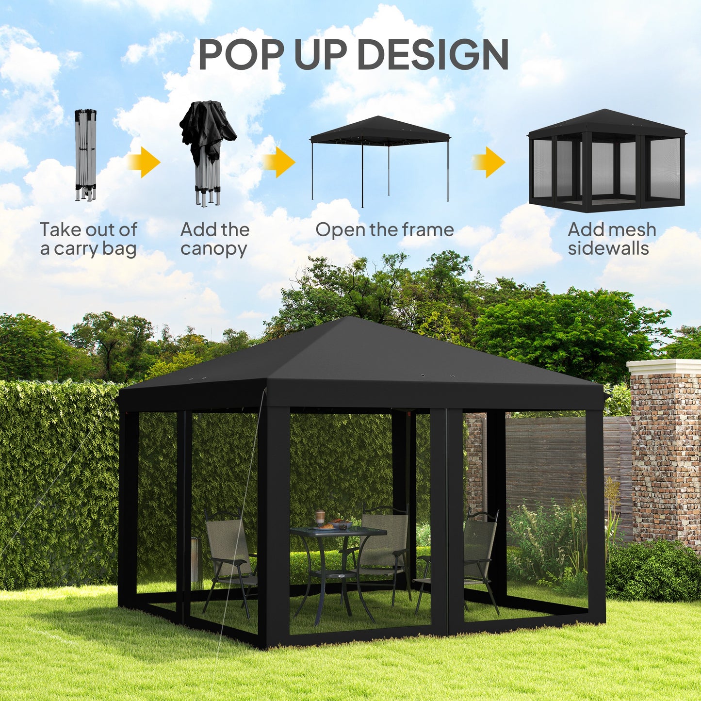 Outsunny 3 x 3√Ç m Pop Up Gazebo, 420D Baldachim ogrodowy z odpinaną siatką boczną, torba transportowa do ogrodu, patio, na zewnątrz, czarny