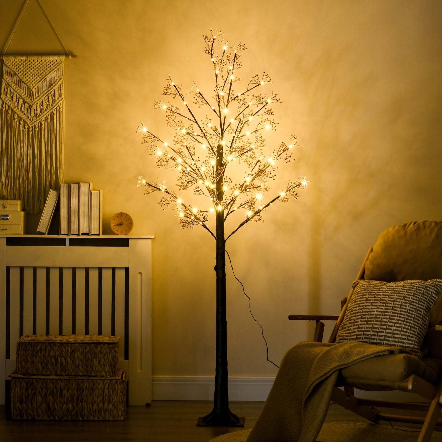 HOMCOM 6ft ضوء شجرة زهر الجيبسوفيلا الاصطناعي مع 96 ضوء LED أبيض دافئ، زهور نفس الطفل للمنزل وحفلات الزفاف، للاستخدام الداخلي والخارجي