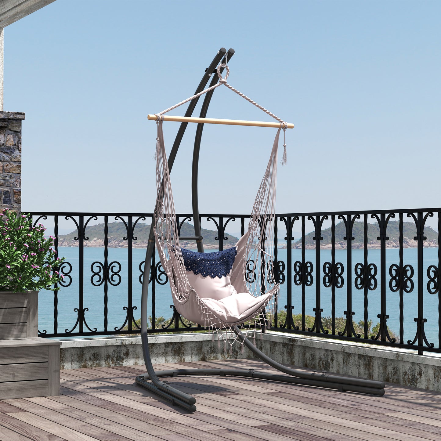 Outsunny Hammock Chair Stand Only, Hanging Chair Stand with Extra Large Base, Heavy Duty Metal Single Hammock Egg Swing Frame for Indoor Outdoor, 150 KG Load Capacity, Black