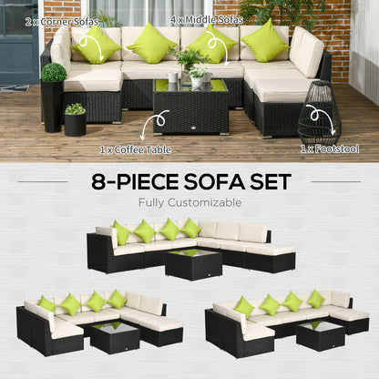 Outsunny 8 Pieces PE Rattan Corner Sofa Set, Outdoor Garden Furniture Set, Patio Wicker Sofa Seater w/ Cushion, Washable Cushion Cover & Tempered Glass Table, Black