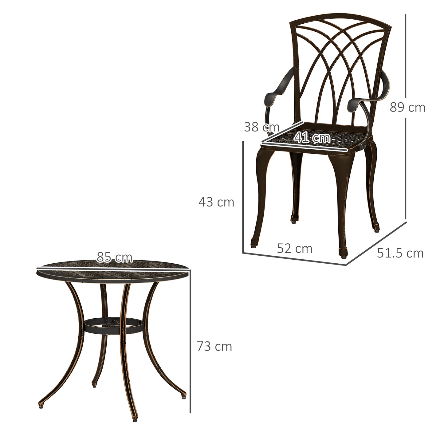 Outsunny 5-częściowy zestaw ogrodowy dla 4 osób, zestaw ogrodowy z odlewanego aluminium z 4 fotelami i okrągłym stołem jadalnym z otworem na parasol, zestaw mebli ogrodowych, odcień brązu
