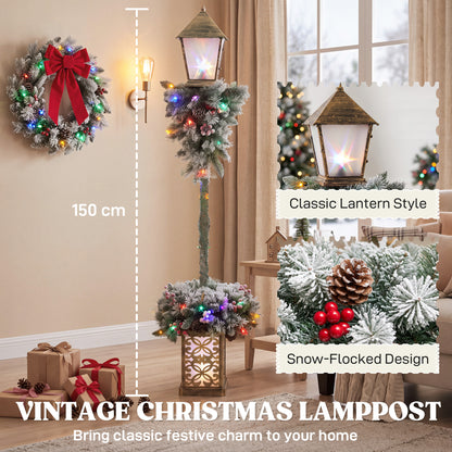 Outsunny Christmas Street Lamp, Outdoor Lighted Christmas Lamp Post with LED Lights, Snow Flocked Tips, Red Berries, Pine Cones