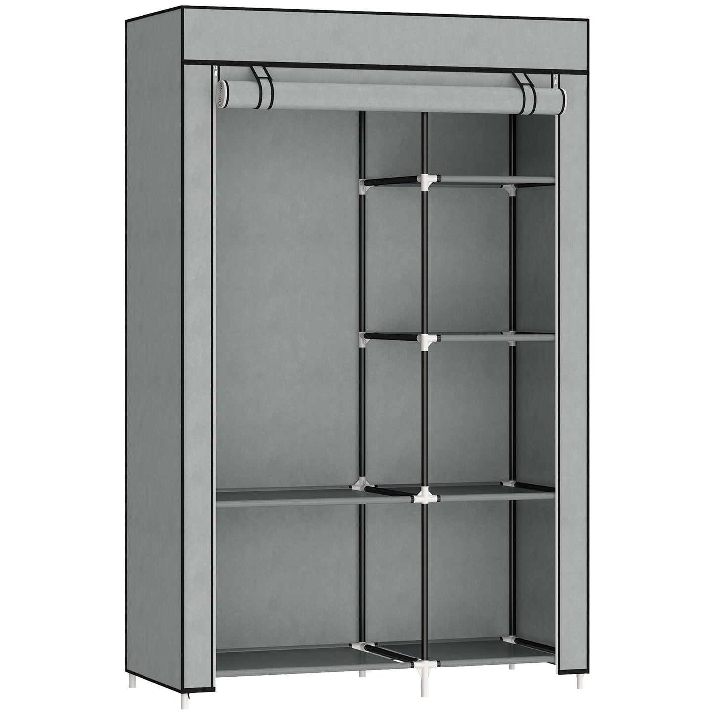 HOMCOM Fabric Wardrobe, Portable Wardrobe with 6 Shelves, 1 Hanging Rail, Foldable Closets, 103 x 43 x 162.5 cm, Light Grey