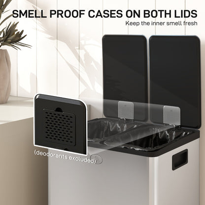 HOMCOM 56L Dual Compartment Stainless Steel Bin, with Deodoriser Holders - Silver Tone