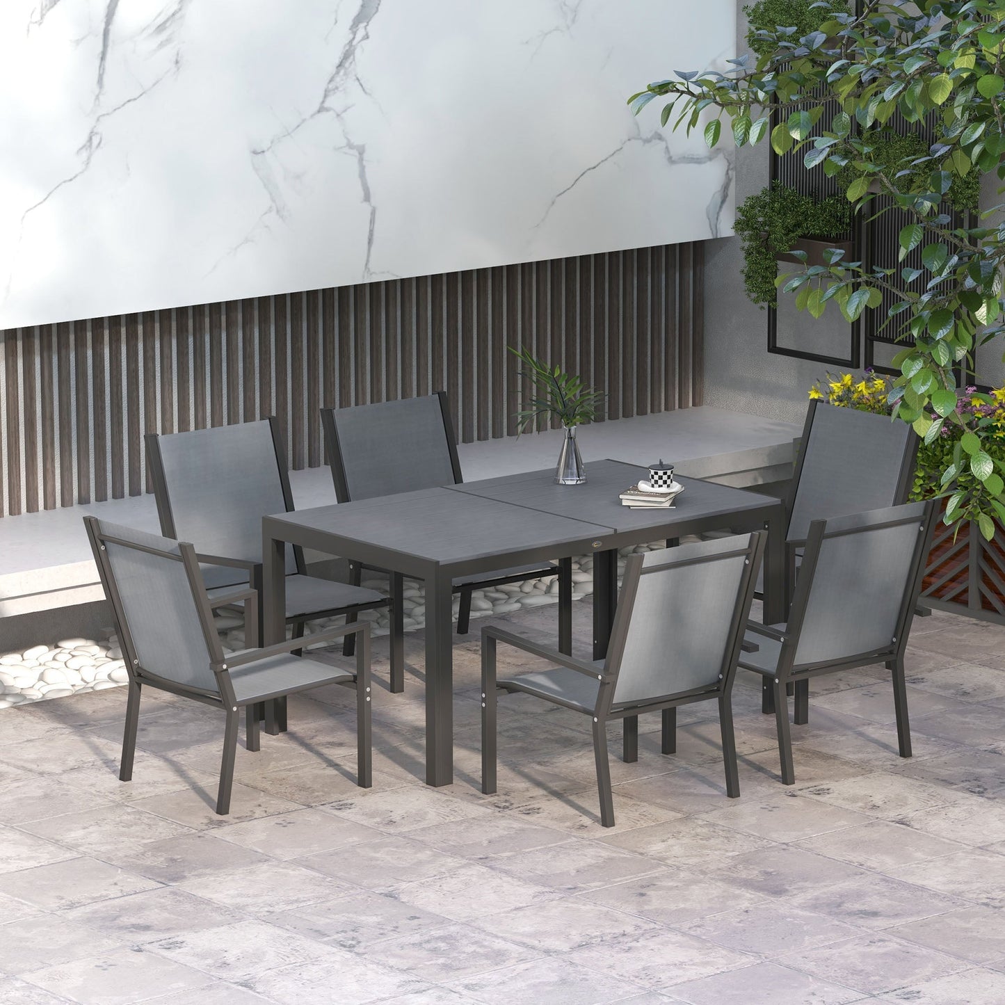 7 Pieces Garden Dining Set With Wood Plastic Composite Outdoor Dining Table & 6 Stackable Armchairs With Breathable Seats - Light Grey