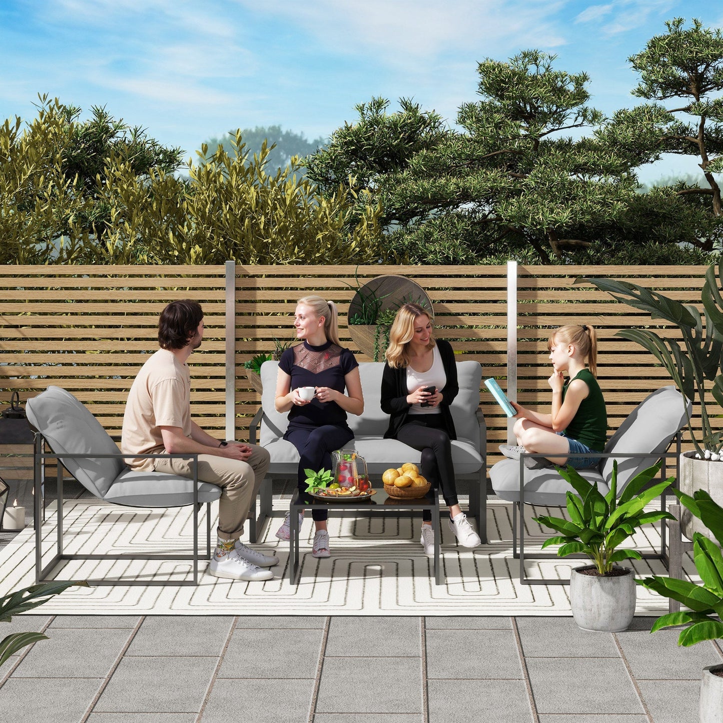 Outsunny Four-Piece Relaxed Back Garden Dining Set - Black/Light Grey
