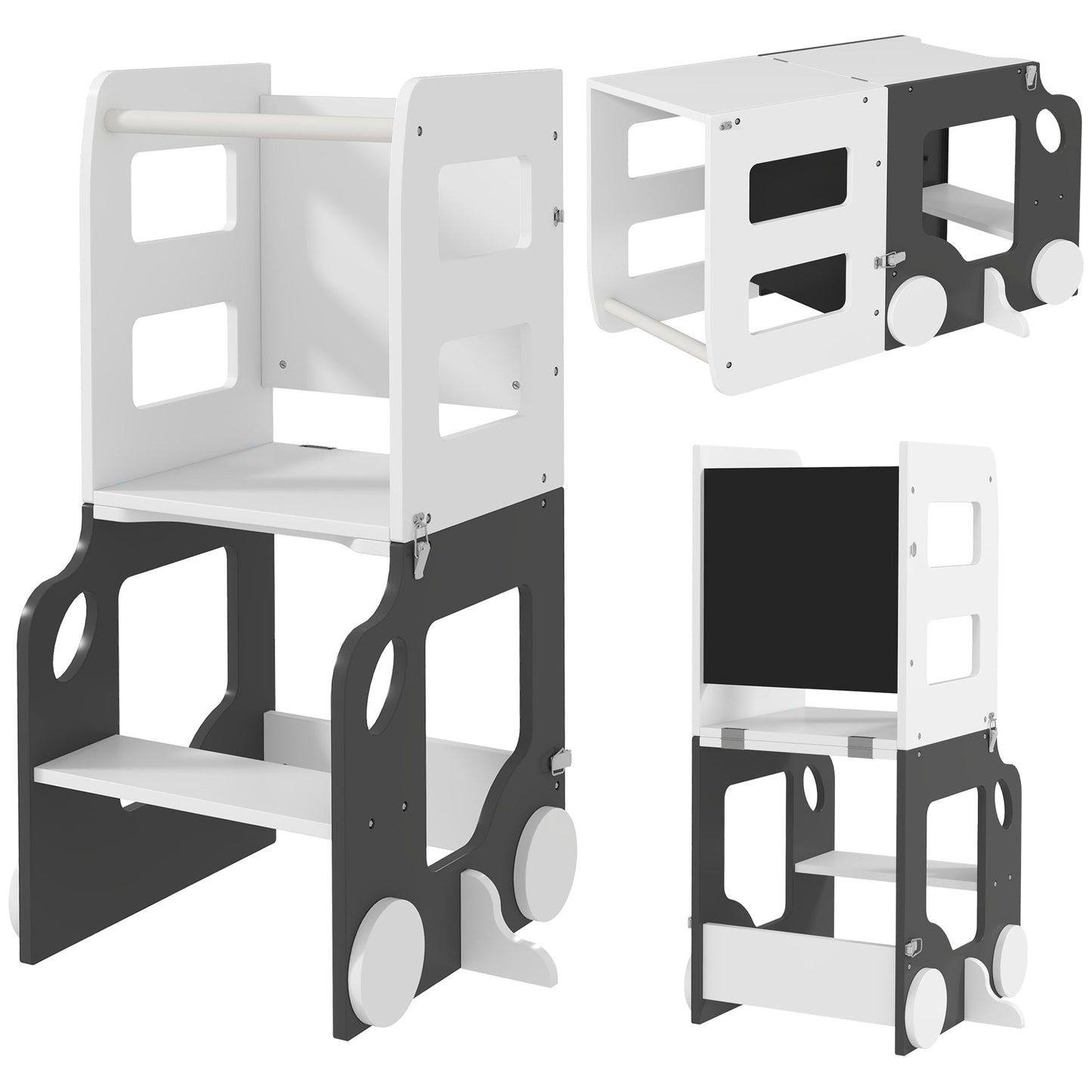 AIYAPLAY Toddler Step Stool, 4 in 1 Standing Tower, Foldable Toddler Step with Safety Rail, for Kitchen, Bathroom, Grey