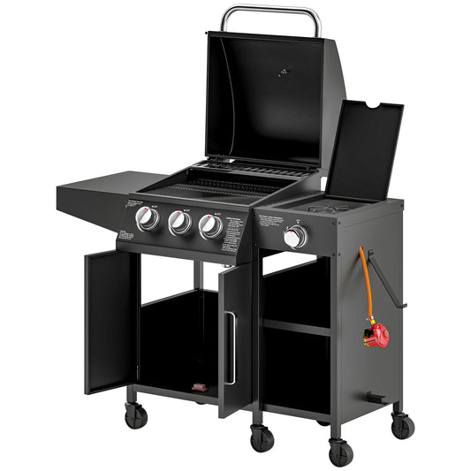 Outsunny 3+1 palnikowy grill gazowy z szafką i półkami, wózek na grilla gazowego o mocy 9,5 kW z 6 kółkami, ruszt do podgrzewania, termometr do gotowania na świeżym powietrzu, przyjęcie ogrodowe, czarny