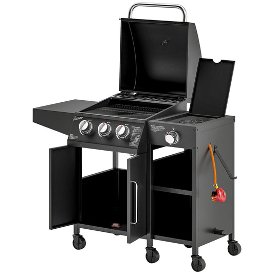 Outsunny 3+1 palnikowy grill gazowy z szafką i półkami, wózek na grilla gazowego o mocy 9,5 kW z 6 kółkami, ruszt do podgrzewania, termometr do gotowania na świeżym powietrzu, przyjęcie ogrodowe, czarny