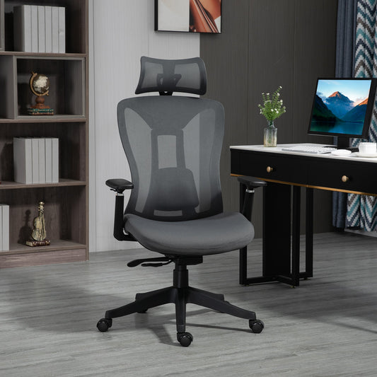 Fotel biurowy Vinsetto Mesh, ergonomiczny fotel biurowy, fotel komputerowy z regulowanym zagłówkiem i podparciem lędźwiowym, odchylane oparcie 135√Ç¬∞ i podłokietnik 3D do domowego biura, szary