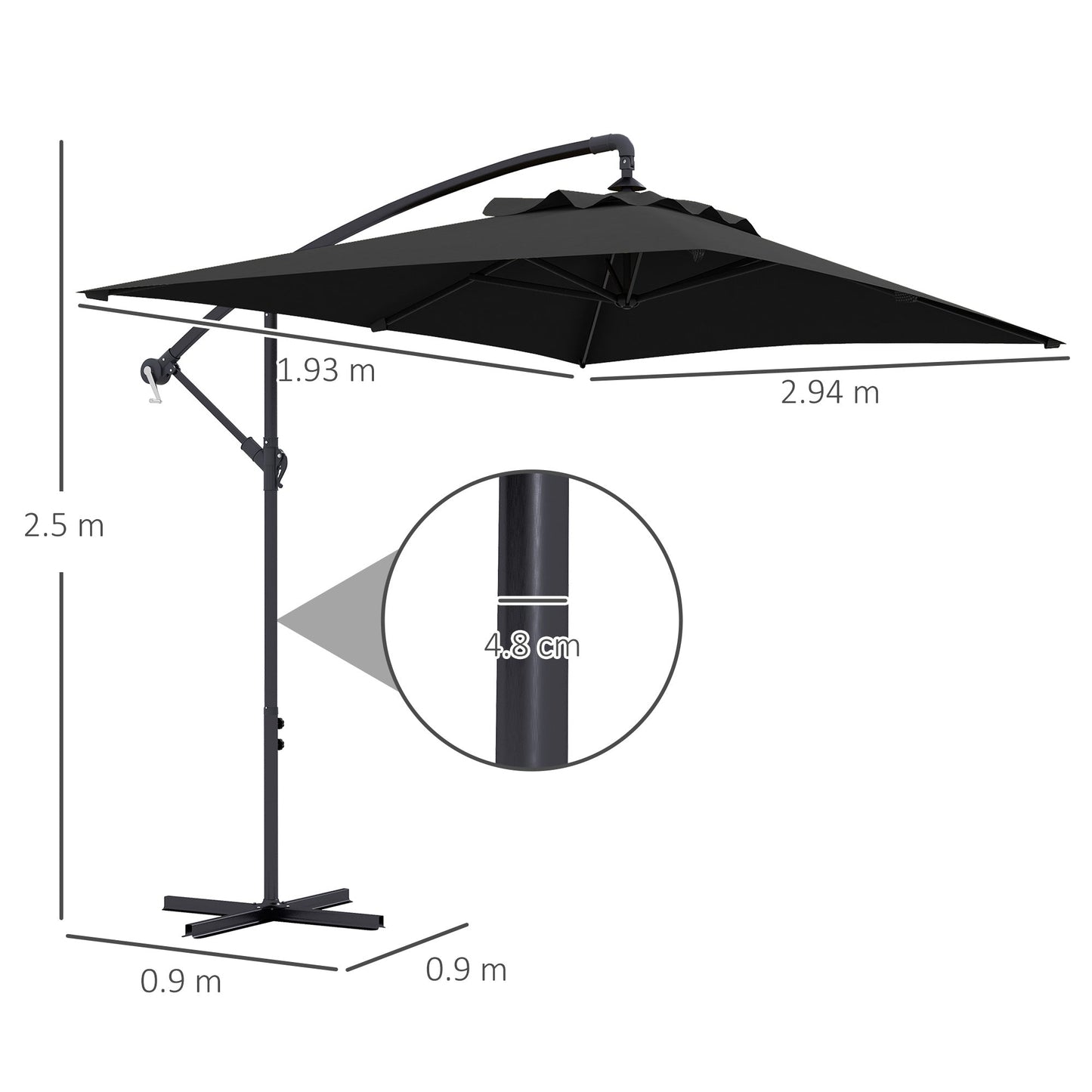 3x2m Cantilever Parasol With Cross Base, Banana Parasol With Crank Handle And 6 Ribs, Rectangular Hanging Patio Umbrella for Outdoors - Black