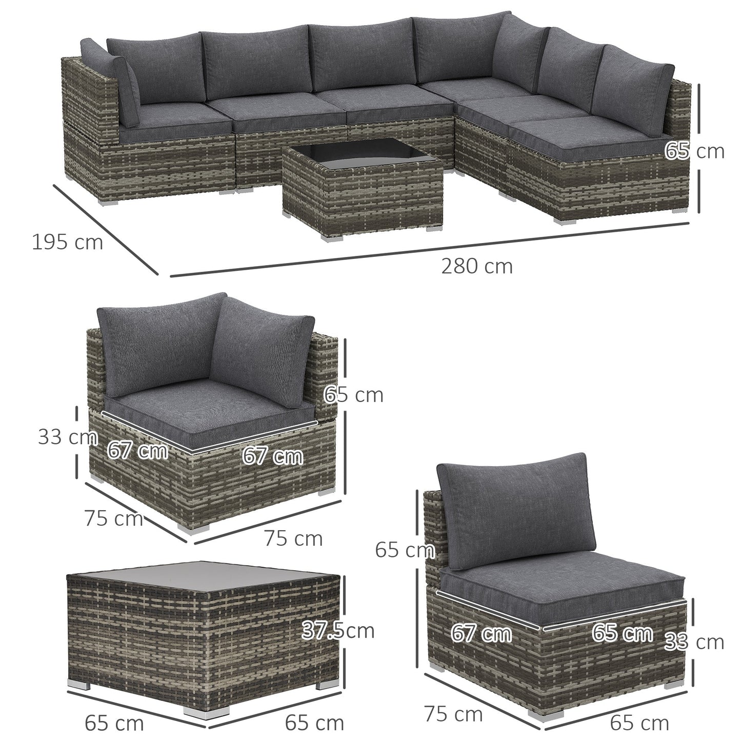 Outsunny 7 Pieces Outdoor PE Rattan Corner Sofa Set, Patio Wicker Conversation Chaise Lounge Furniture w/ Tempered Glass Table-top & Soft Padded Cushion for Garden, Backyard, Lawn, Dark Grey