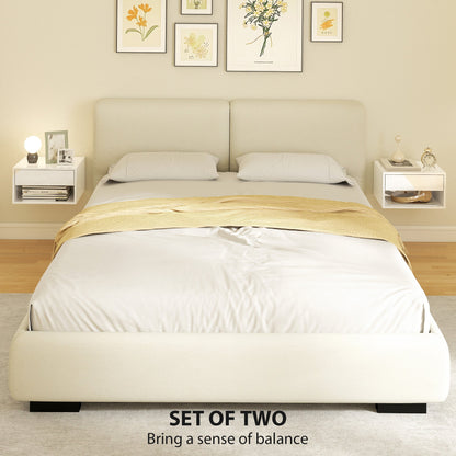 HOMCOM Set of Two Floating Bedside Tables, Wall Mounted Nightstand with Drawer and Open Shelf, High Gloss White