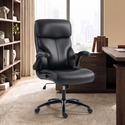 HOMCOM Office Chair, 180kg Heavy Duty PU Leather Computer Desk Chair with Flip-Up Armrests, Wide Seat, Spring Cushion, Black