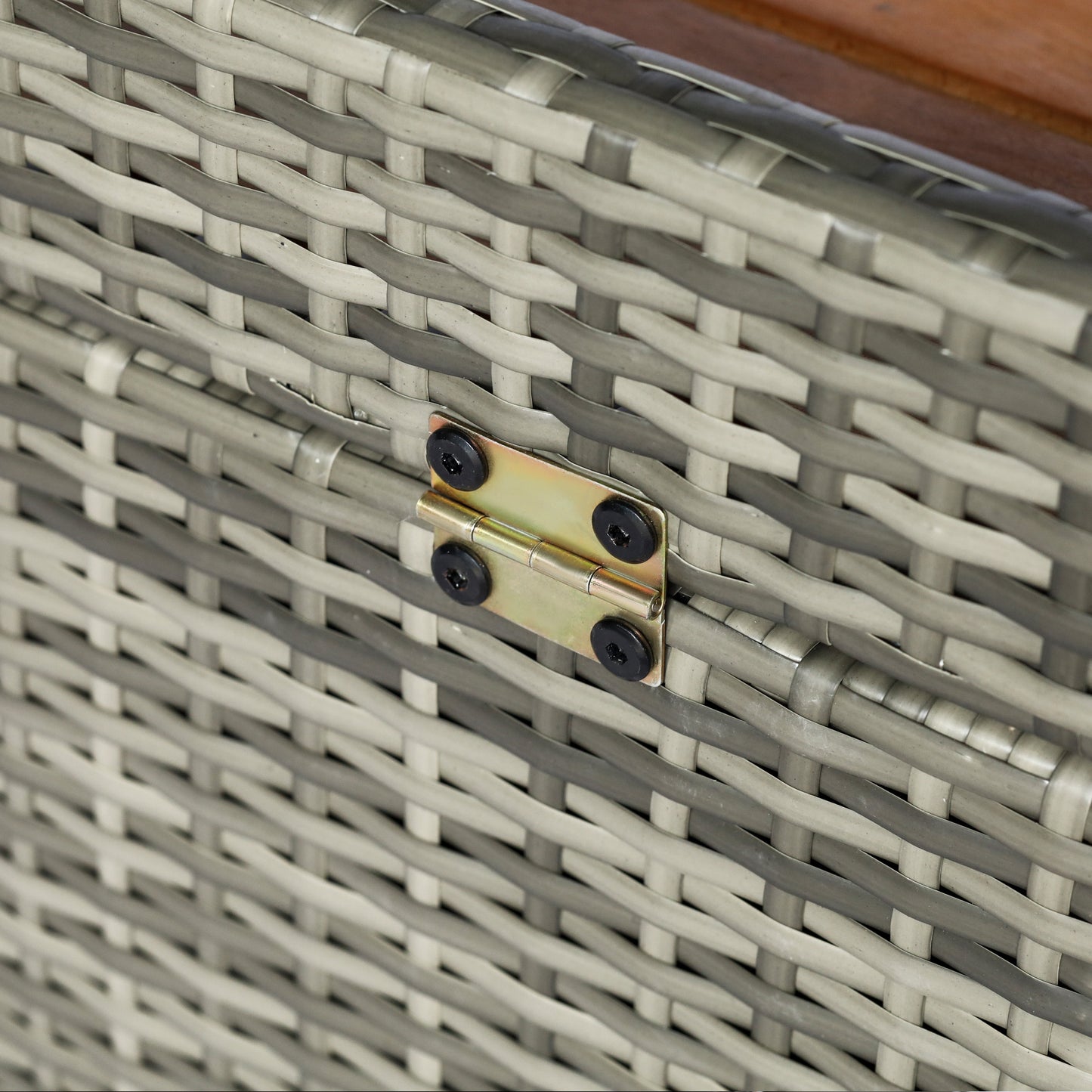 Outsunny Patio Wicker Storage Bench Box, Outdoor Garden PE Rattan Pool Storage Deck Bin Box z blatem z naturalnego drewna, pokrywką, idealny do przechowywania narzędzi, akcesoriów i zabawek, mieszany szary