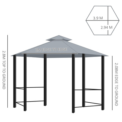 Outsunny Hexagon Gazebo Patio Canopy Party Tent Outdoor Garden Shelter w/ 2 Tier Roof &amp; Side Panel - رمادي