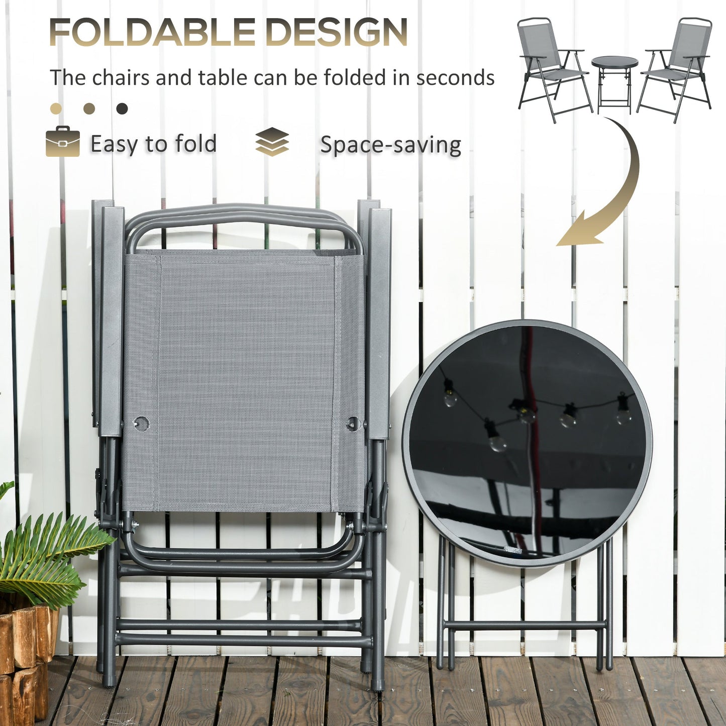 Outsunny 3 Pieces Garden Table and Chairs, Outdoor Bistro Set, Patio Conversation Furniture Set with Foldable Breathable Mesh Fabric Armchairs & Glass Top Coffee Table, Light Grey