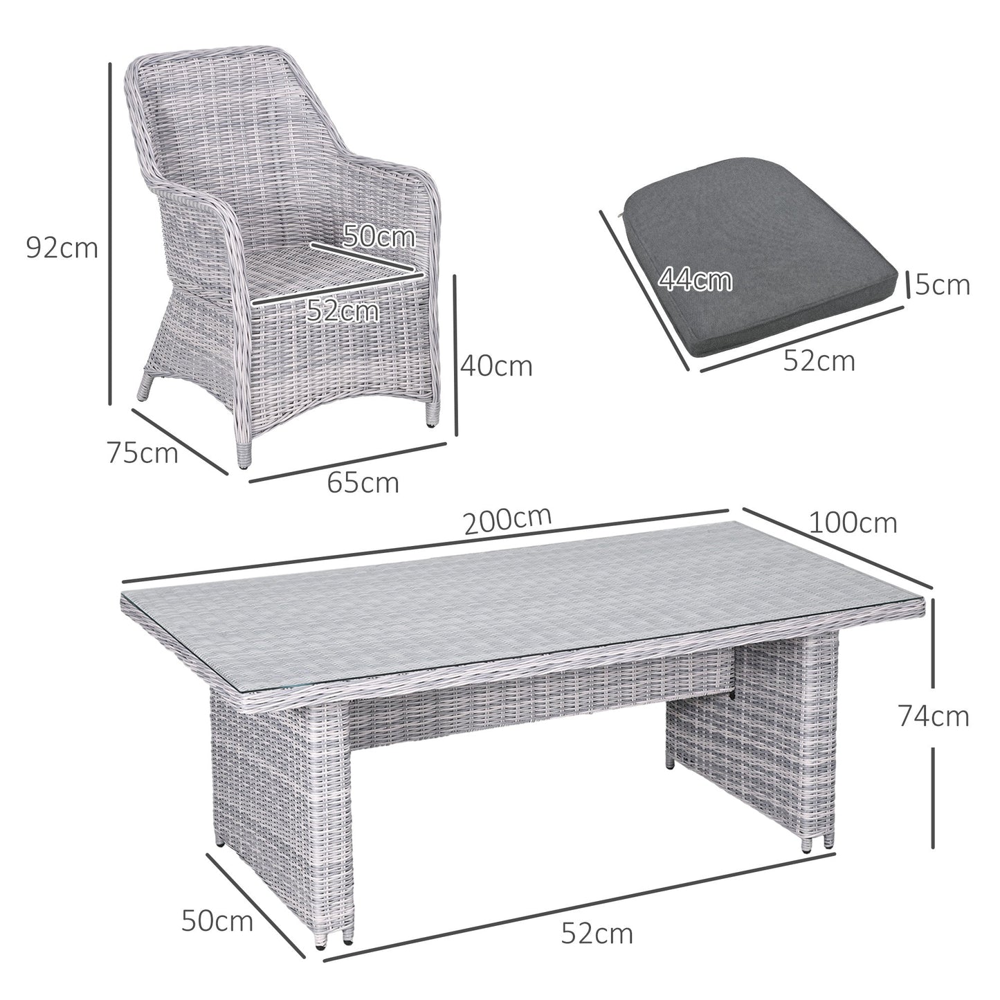 Outsunny 6 Seater Rattan Dining Set, Round PE Rattan Garden Furniture Set with Seat and Back Cushions, Aluminium Outdoor Dining Table and Chairs with 6 Armchairs, Rectangular Glass Top Table, Grey