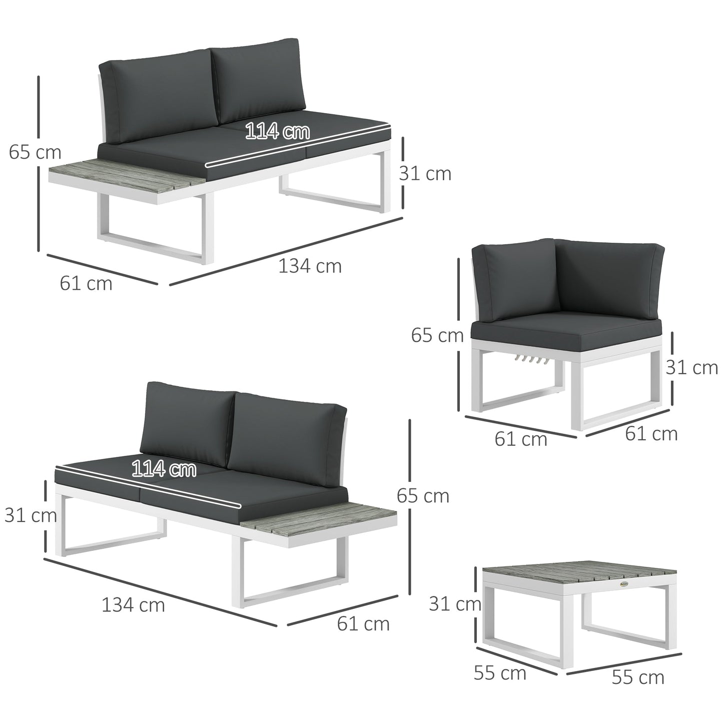 Outsunny 4 Pieces Garden Furniture Set, 5-Level Reclining Garden Corner Sofa Set, Outdoor Lounge Conversation Sectional with Cushions, Wood Effect Plastic Table, White Frame & Grey Cushion