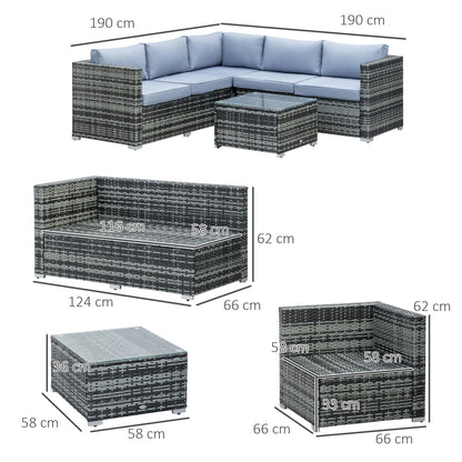 Outsunny 4 Pieces Rattan Garden Furniture Set, Wicker Outdoor Furniture with Corner Sofa Loveseat Coffee Table Cushions, Conservatory Furniture Set for Patio Poolside, Grey