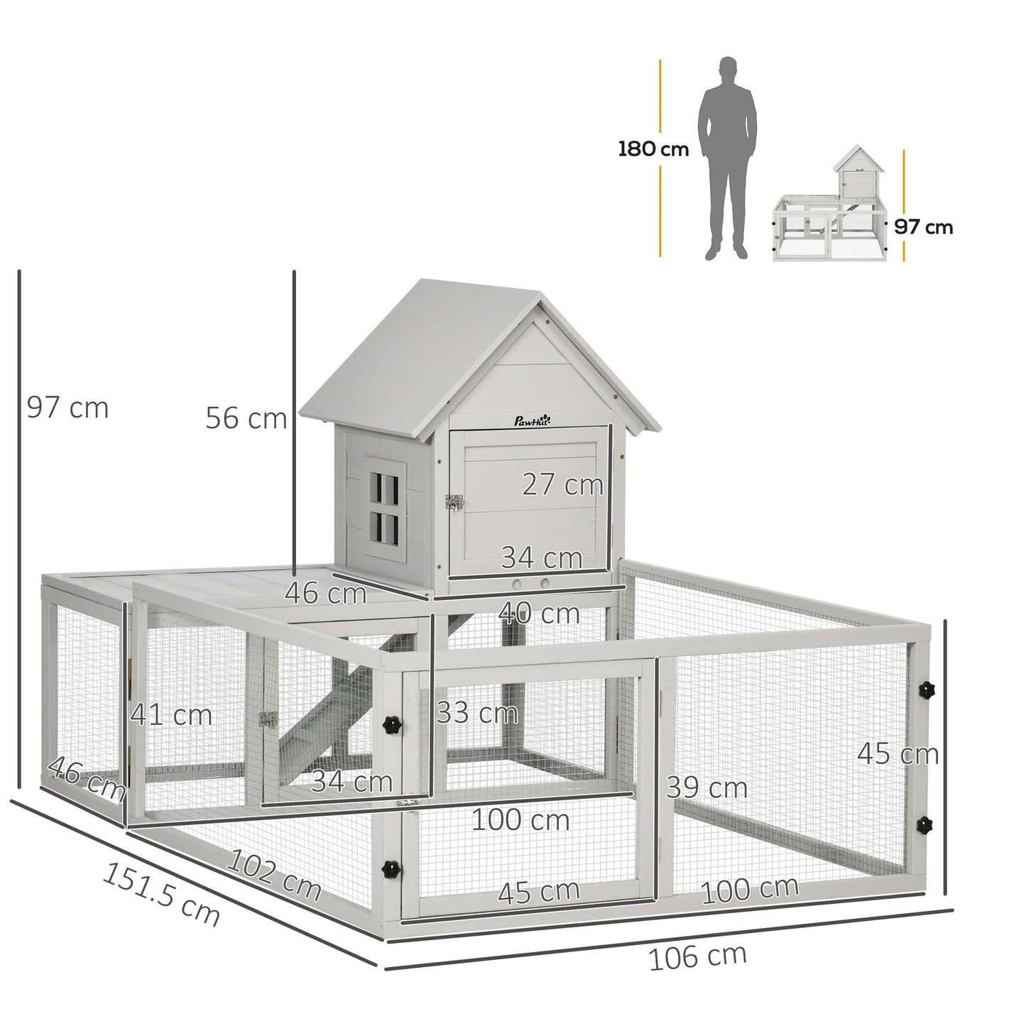 PawHut Indoor Rabbit Hutch, Guinea Pig Cage, with Slide-Out Tray, Large Fenced Area - Light Grey