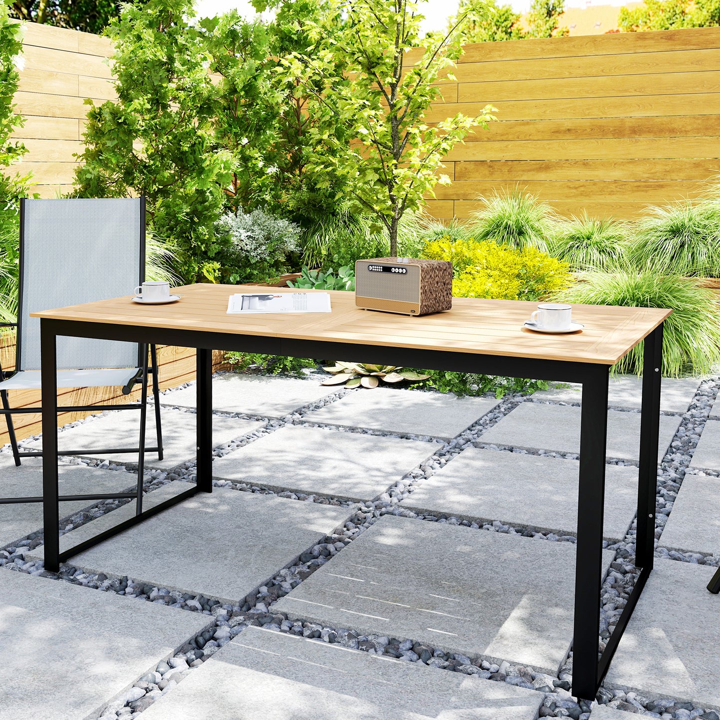 Stół ogrodowy Outsunny dla 6 osób, prostokątny stół jadalny na zewnątrz, 160 x 80 x 75 cm, z blatem z listew, metalowa rama, na balkon, taras, drewno tekowe