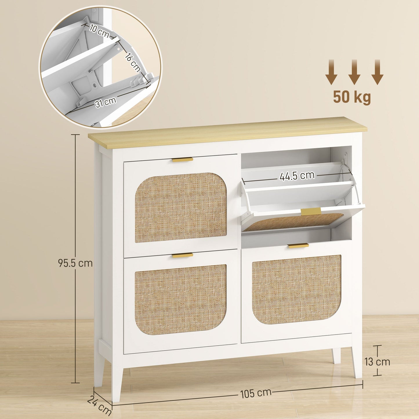 HOMCOM Narrow Shoe Cabinet, Boho Slim Shoe Storage Cabinet with 4 Flip Drawers, Holds 20 Pairs, White
