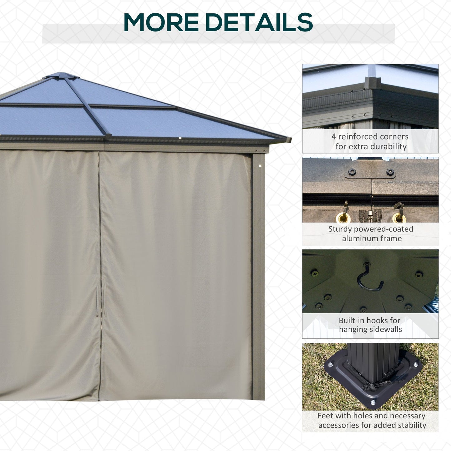 Outsunny 3 x 3(m) Hardtop Gazebo with UV Resistant Polycarbonate Roof & Aluminium Frame, Garden Pavilion with Mosquito Netting and Curtains